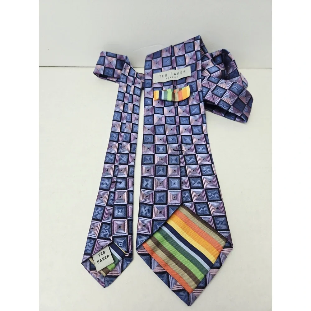 Ted Baker Men's Tie London pink blue square pattern‎ %100 silk
